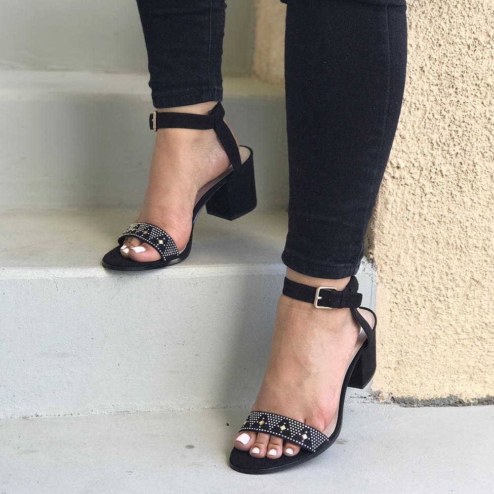 Black Ankle Strap Embellished Block Heel Sandals
